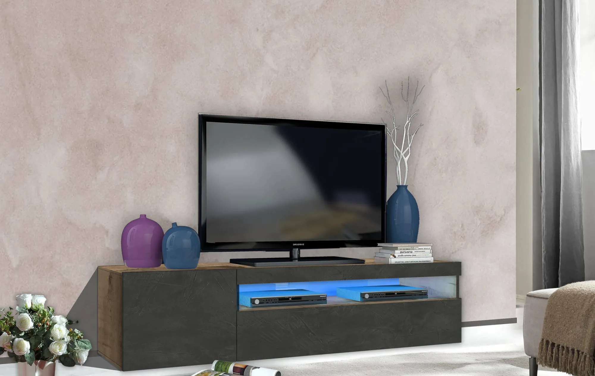 Mobile porta TV Aquilo, Acero e Ardesia, con luce LED<Dmora New