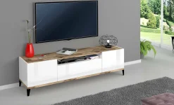 Mobile porta TV Argentoro, cm 160x40h47, Bianco lucido e Acero<Dmora New