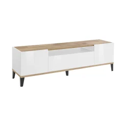 Mobile porta TV Argentoro, cm 160x40h47, Bianco lucido e Acero<Dmora New