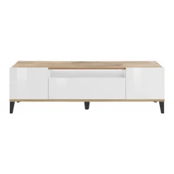 Mobile porta TV Argentoro, cm 160x40h47, Bianco lucido e Acero<Dmora New