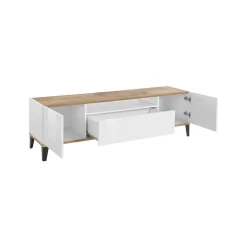 Mobile porta TV Argentoro, cm 160x40h47, Bianco lucido e Acero<Dmora New
