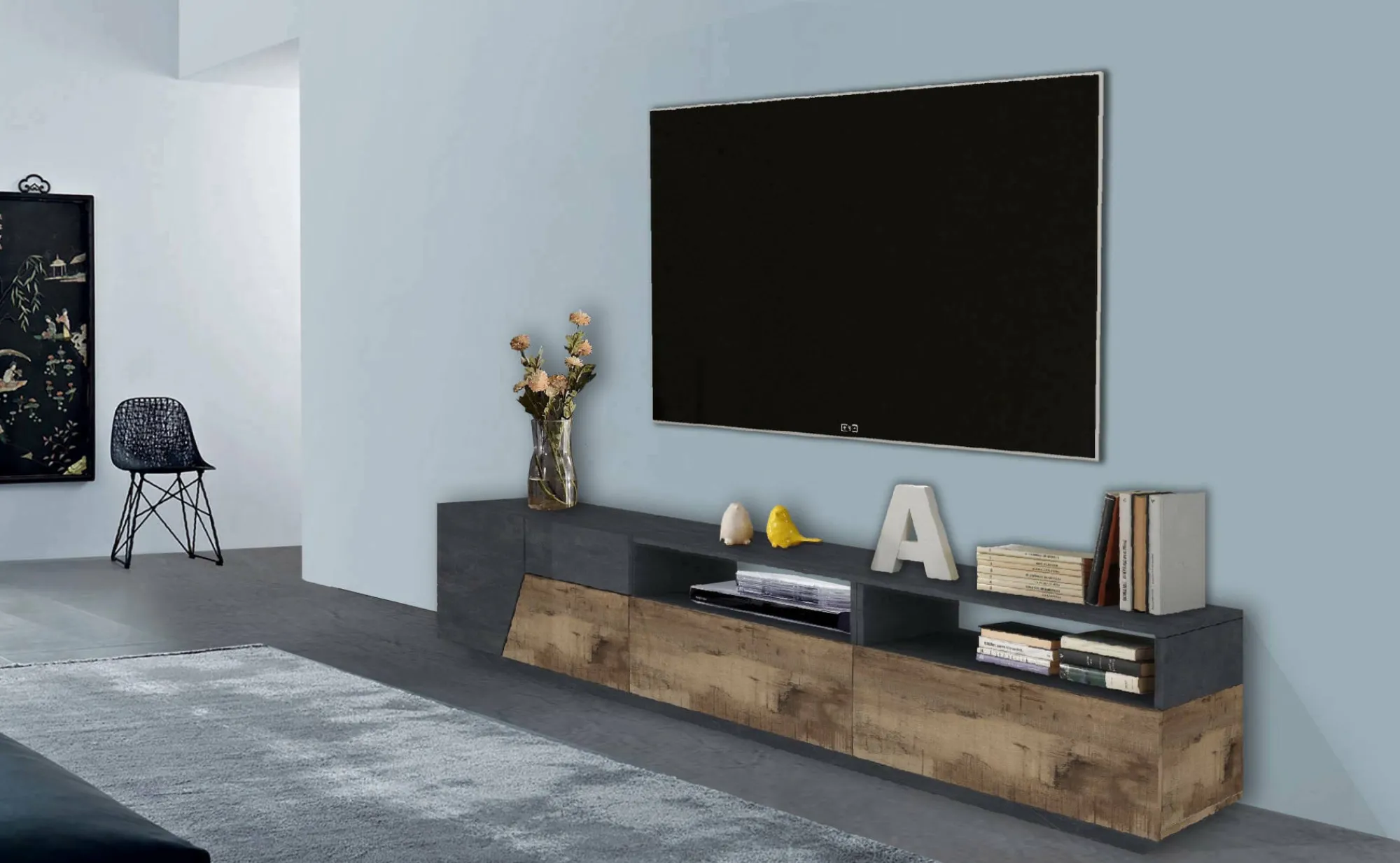 Mobile porta TV Arghi, cm 200x43h46, Ardesia e Acero<Dmora Online