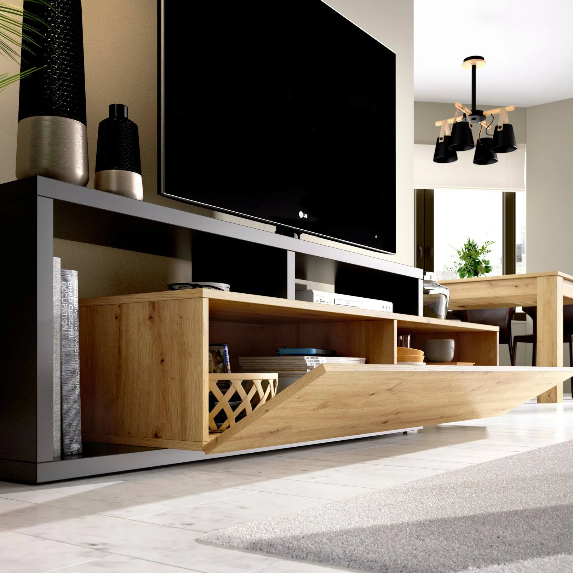 Mobile porta TV Argon, 165x40h47 cm, Rovere Nodi e Antracite<Dmora Discount