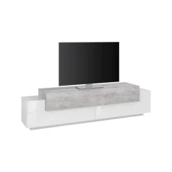 Mobile porta TV Arold, cm 200x45h52, Bianco lucido e Cemento<Dmora Sale