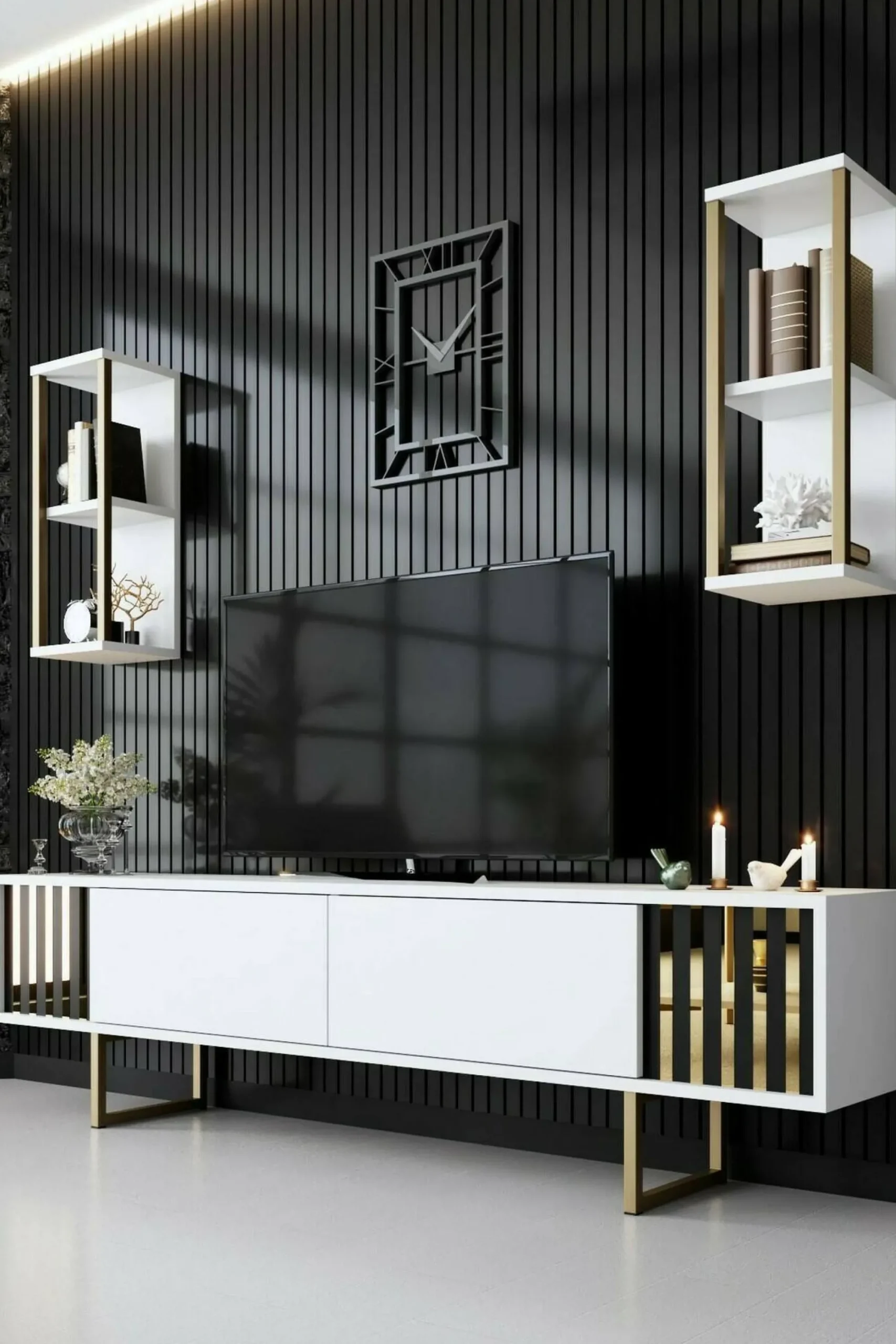 Mobile porta TV Artinay, 180x30h48 cm, Bianco e Nero<Dmora Online