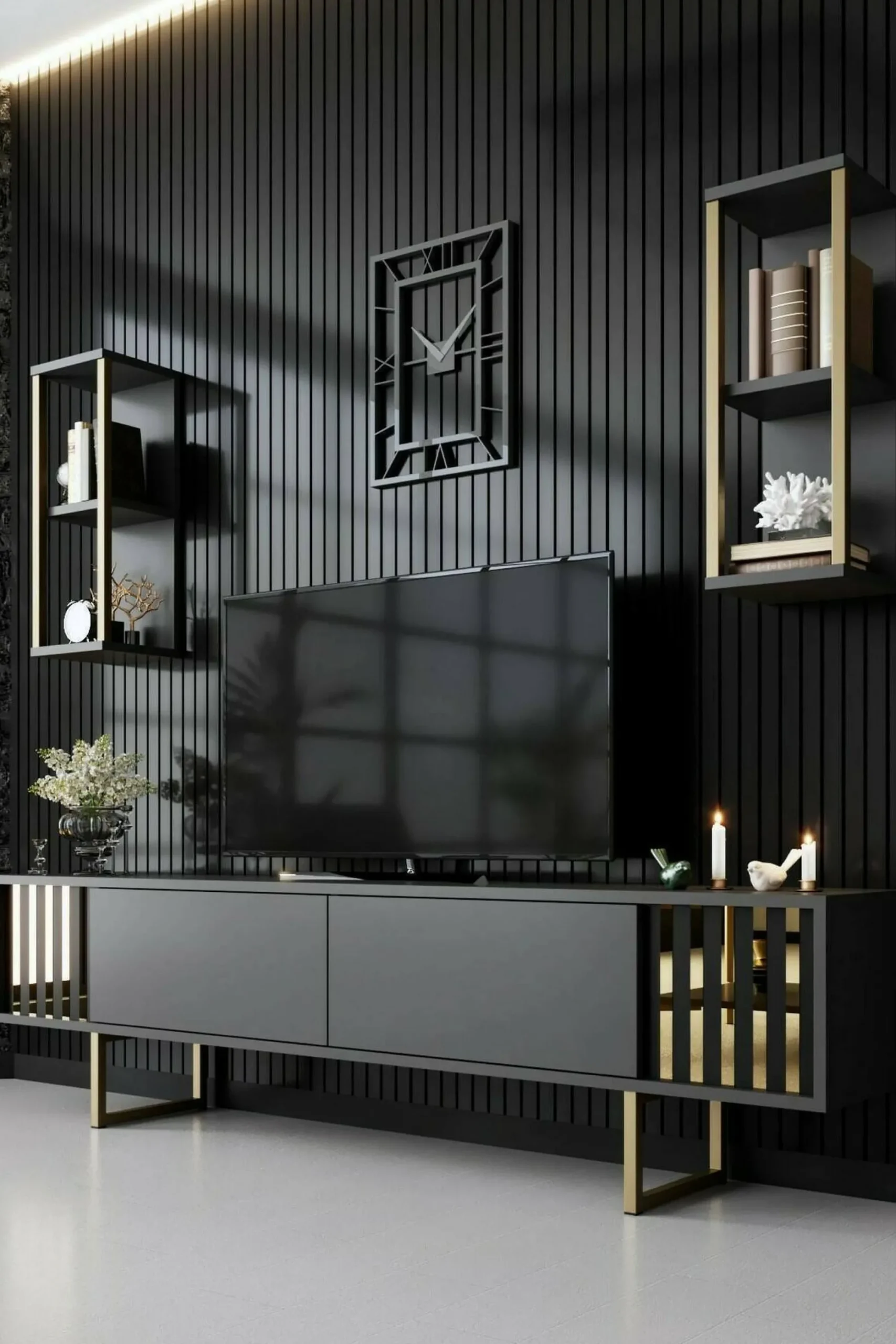 Mobile porta TV Artinay, 180x30h48 cm, Antracite e Nero<Dmora Shop