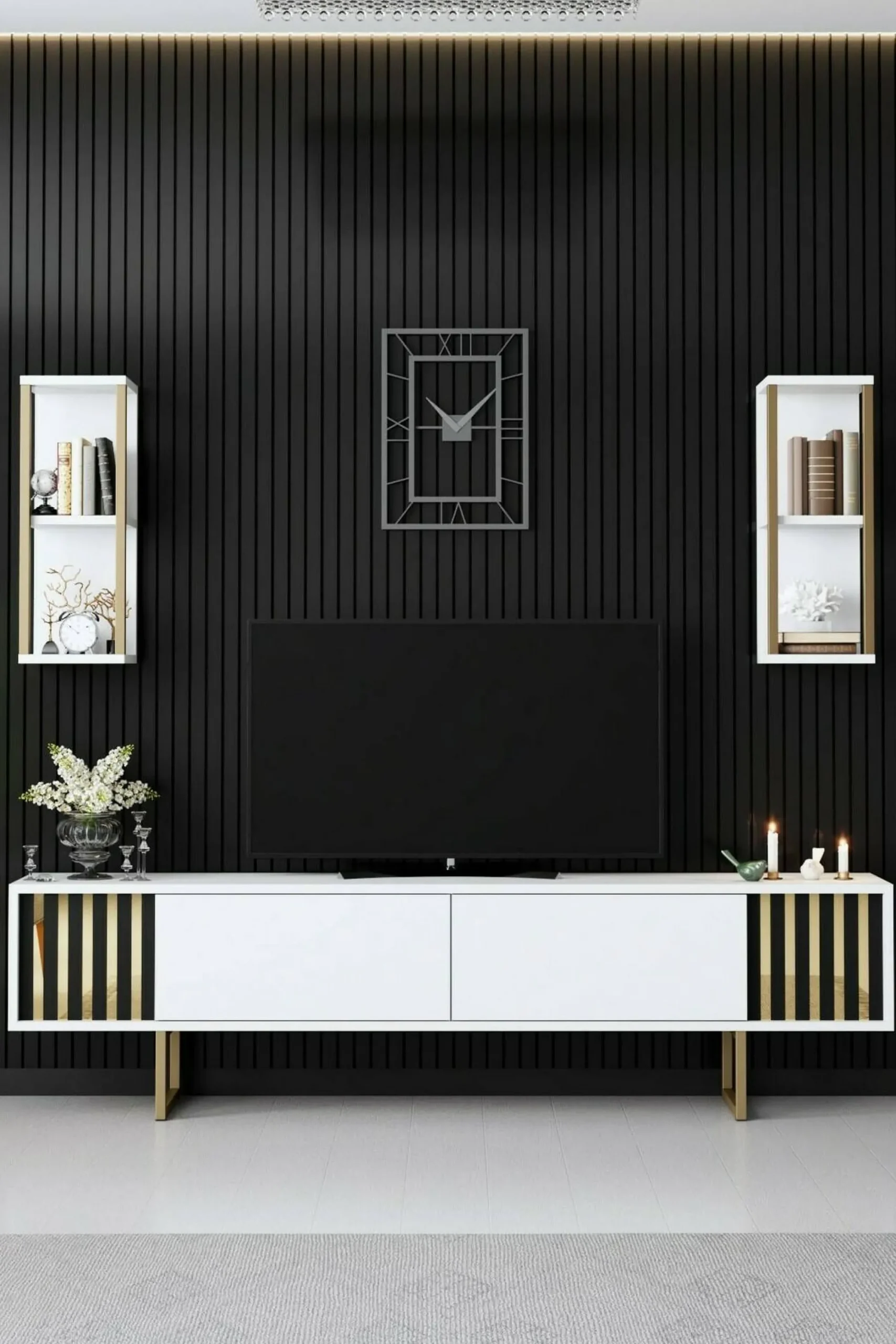 Mobile porta TV Artinay, 180x30h48 cm, Bianco e Nero<Dmora Online
