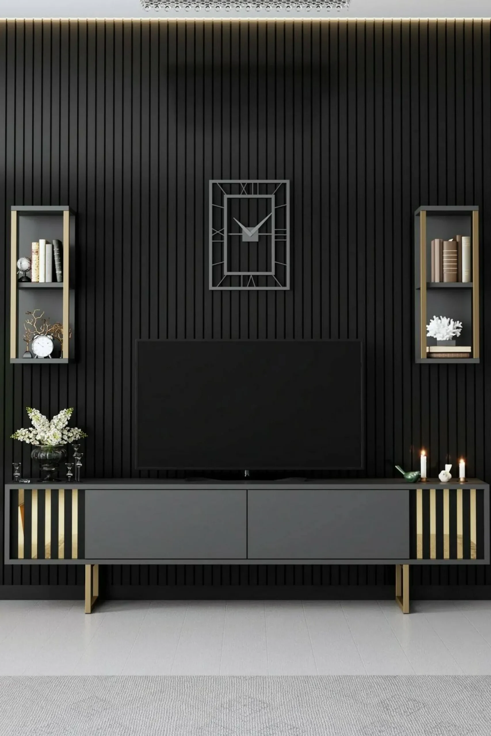 Mobile porta TV Artinay, 180x30h48 cm, Antracite e Nero<Dmora Shop