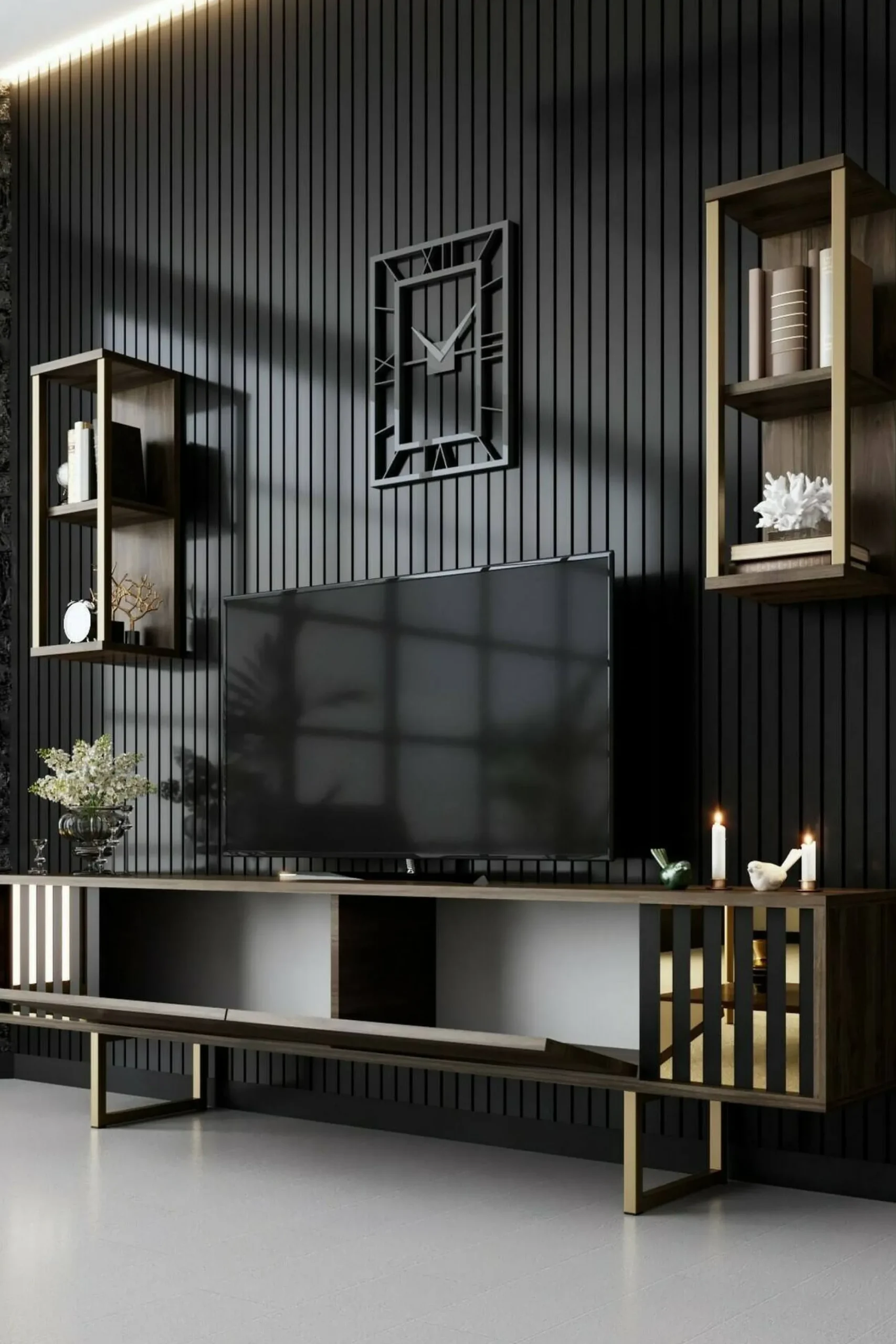 Mobile porta TV Artinay, 180x30h48 cm, Noce e Nero<Dmora Clearance