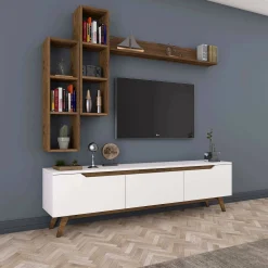 Mobile porta TV Atax, 180x35h49 cm, Bianco e Noce<Dmora New