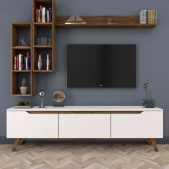 Mobile porta TV Atax, 180x35h49 cm, Bianco e Noce<Dmora New