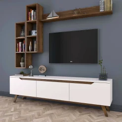 Mobile porta TV Atax, 180x35h49 cm, Bianco e Noce<Dmora New