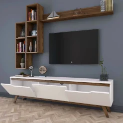 Mobile porta TV Atax, 180x35h49 cm, Bianco e Noce<Dmora New
