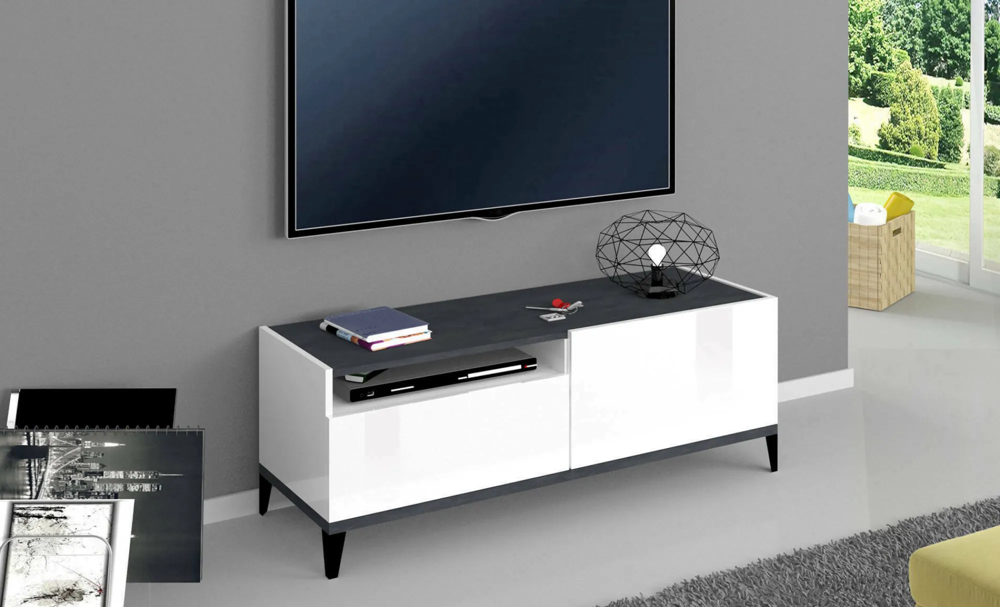 Mobile porta TV Atris, cm 120x40h47, Bianco lucido e Ardesia<Dmora Flash Sale