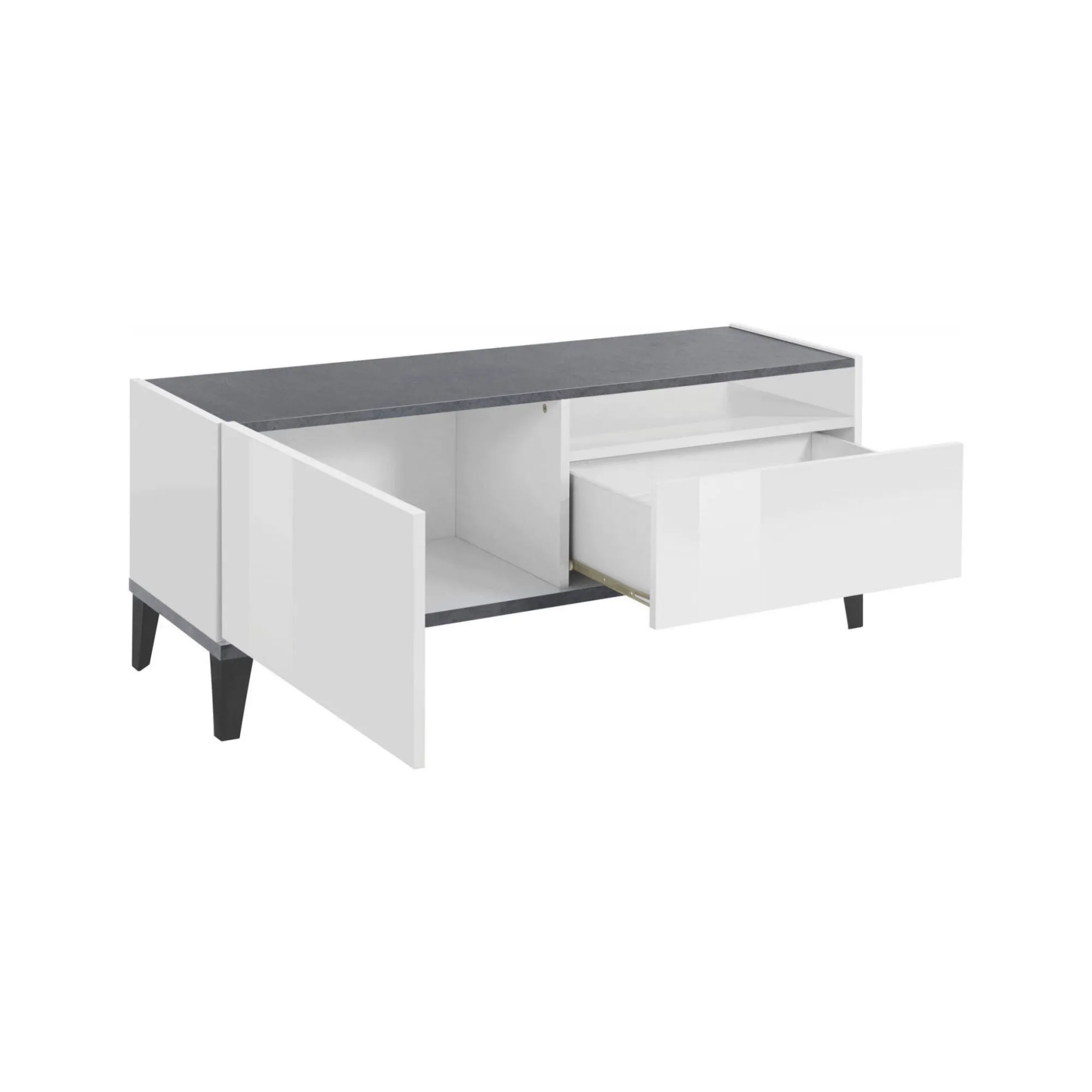 Mobile porta TV Atris, cm 120x40h47, Bianco lucido e Ardesia<Dmora Flash Sale