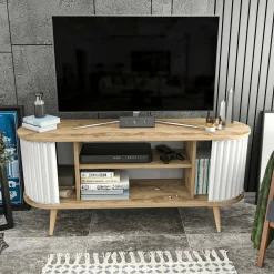 Mobile porta TV Bailu, 140x43h64 cm, Quercia e Bianco<Dmora New