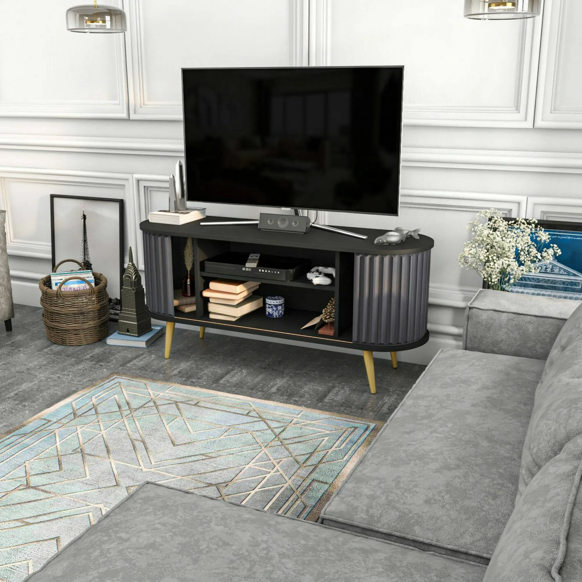 Mobile porta TV Bailu, 140x43h64 cm, Nero e Antracite<Dmora Sale