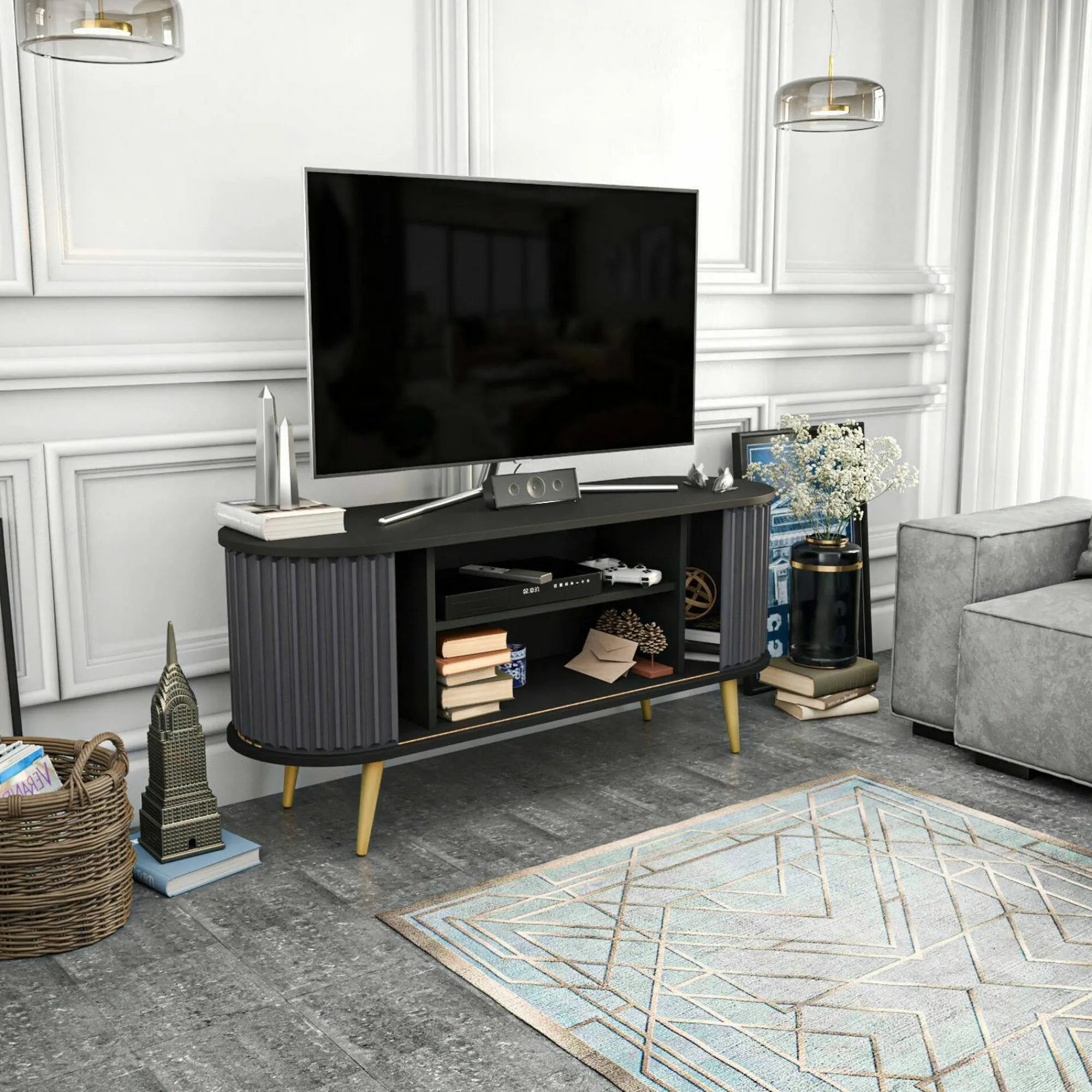Mobile porta TV Bailu, 140x43h64 cm, Nero e Antracite<Dmora Sale