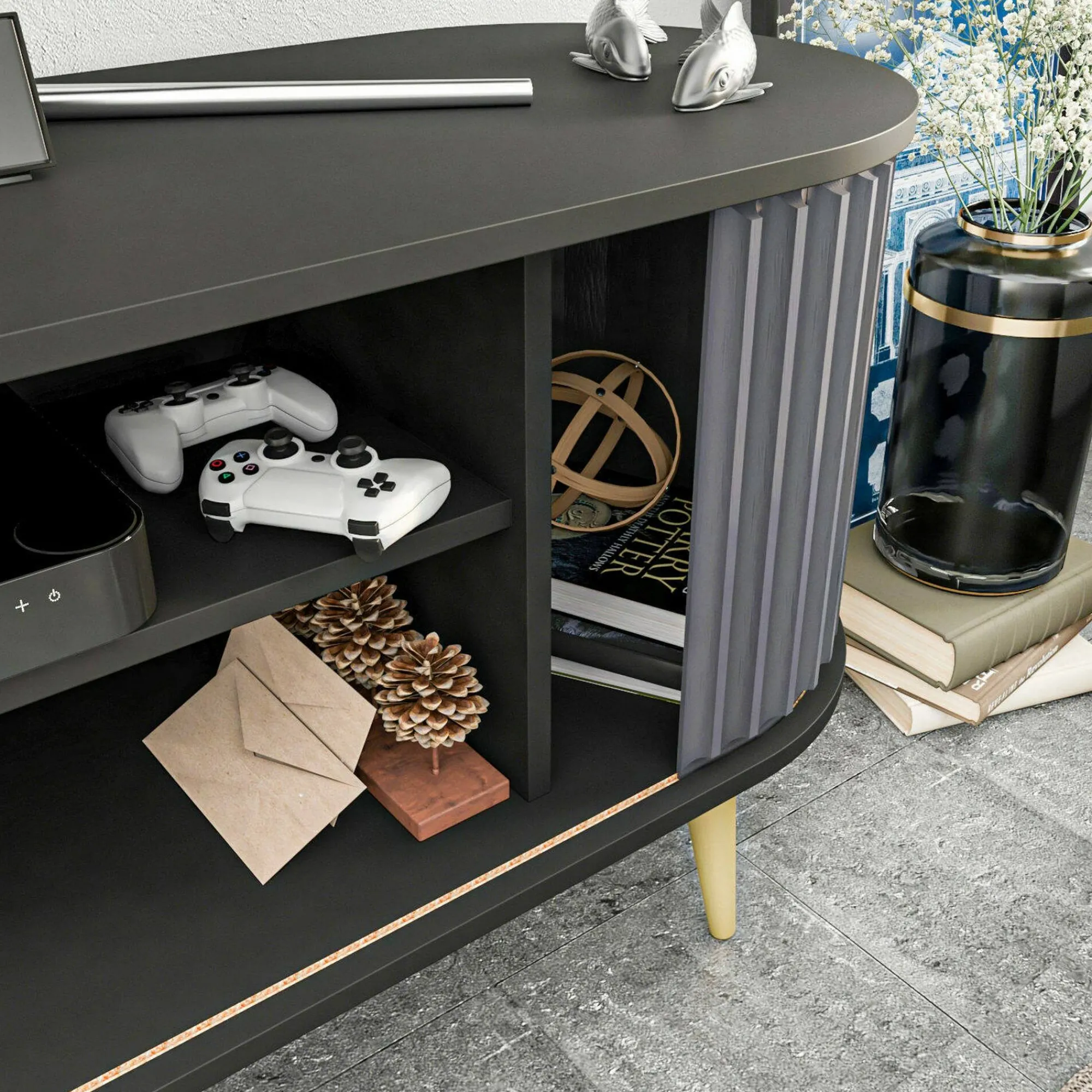 Mobile porta TV Bailu, 140x43h64 cm, Nero e Antracite<Dmora Sale