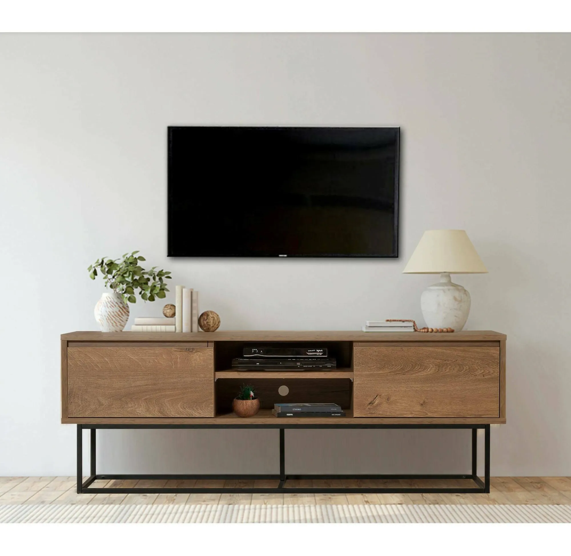Mobile porta TV Corinna, Noce e Nero, 140x40h50 cm<Dmora New