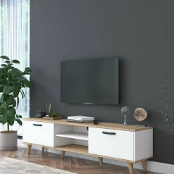 Mobile porta TV Daba, 180x35h49 cm, Bianco e Noce<Dmora Cheap