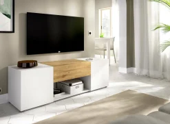 Mobile porta TV Dacciar, 138x35h45 cm, Bianco e Rovere Nodi<Dmora Best Sale