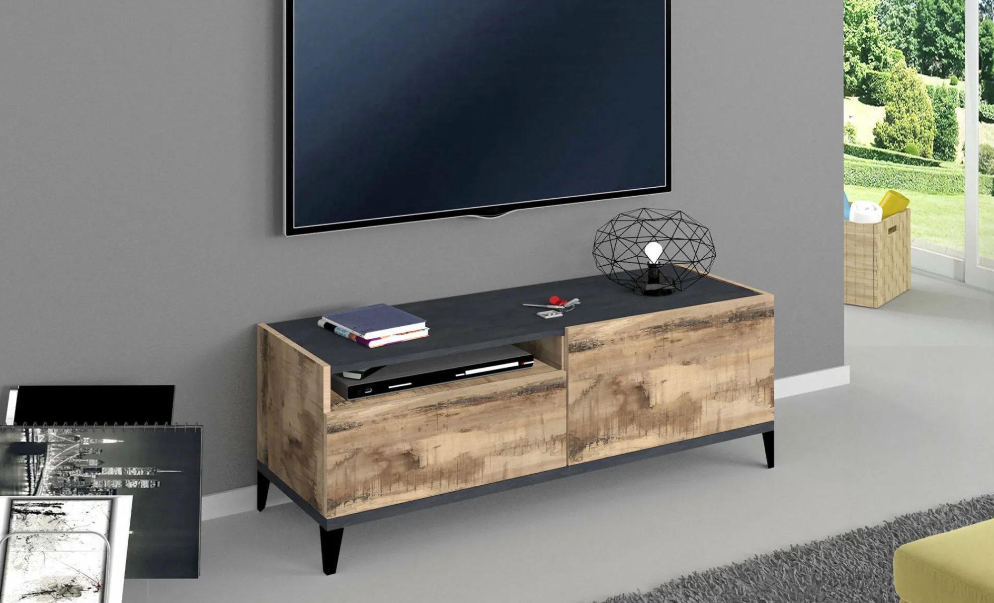 Mobile porta TV Darcar, cm 120x40h47, Ardesia e Acero<Dmora Shop
