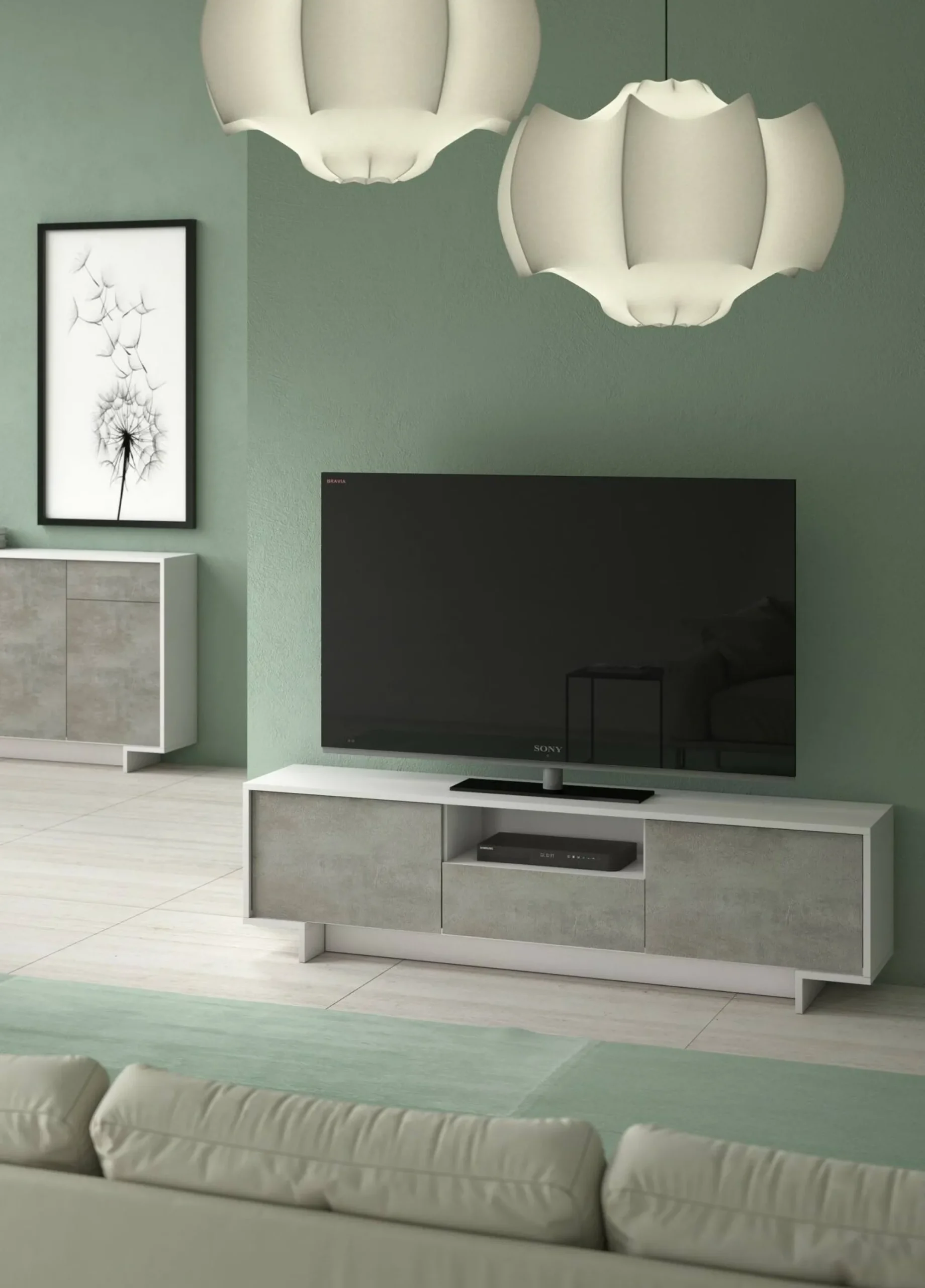 Mobile porta TV Darrighin, 170x42h48 cm, Bianco e Cemento<Dmora Sale