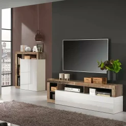 Mobile porta TV Dbald, 184x42 h58 cm, Bianco lucido e Acacia<Dmora Store