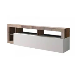 Mobile porta TV Dbald, 184x42 h58 cm, Bianco lucido e Acacia<Dmora Store