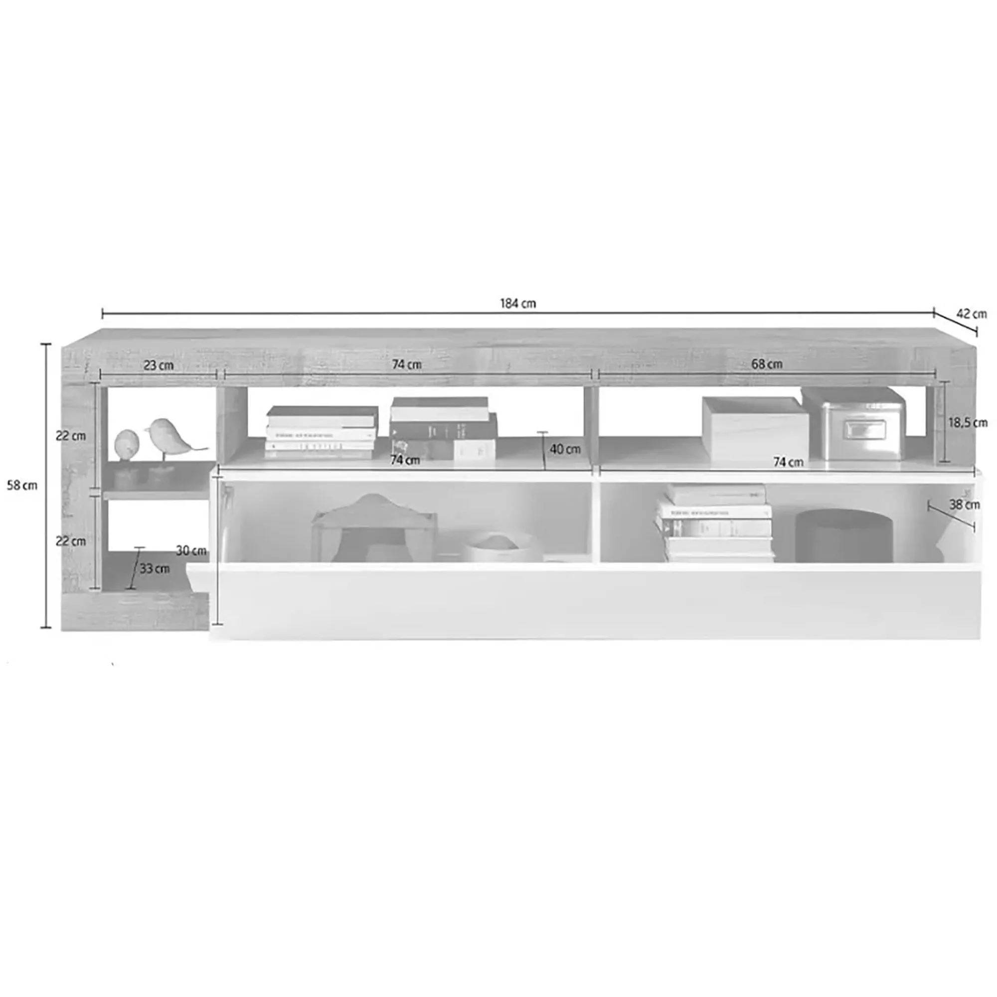 Mobile porta TV Dbald, 184x42 h58 cm, Bianco lucido e Acacia<Dmora Store