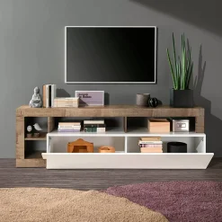 Mobile porta TV Dbald, 184x42 h58 cm, Bianco lucido e Acacia<Dmora Store