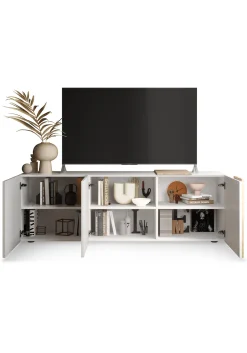 Mobile porta TV Dbrow, 181x44 h59 cm, Bianco lucido e Rovere<Dmora Sale