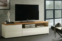 Mobile porta TV Ddematte, 180x48h43 cm, Bianco lucido e Rovere<Dmora Discount