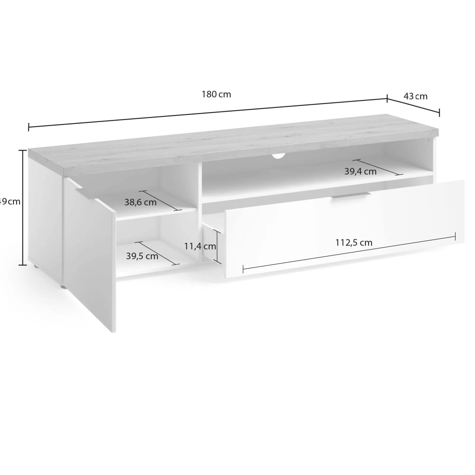 Mobile porta TV Ddematte, 180x48h43 cm, Bianco lucido e Rovere<Dmora Discount