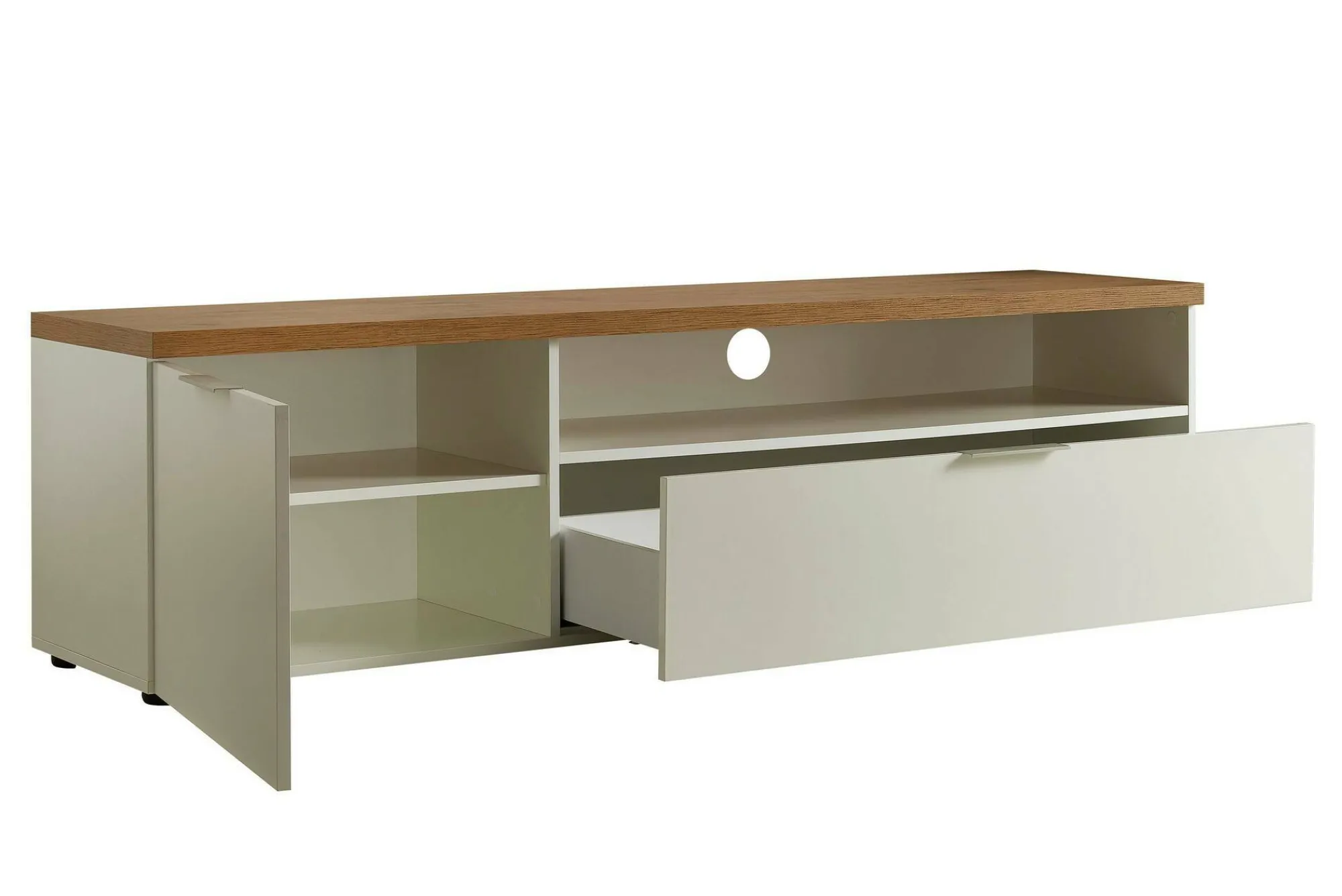 Mobile porta TV Ddematte, 180x48h43 cm, Bianco lucido e Rovere<Dmora Discount