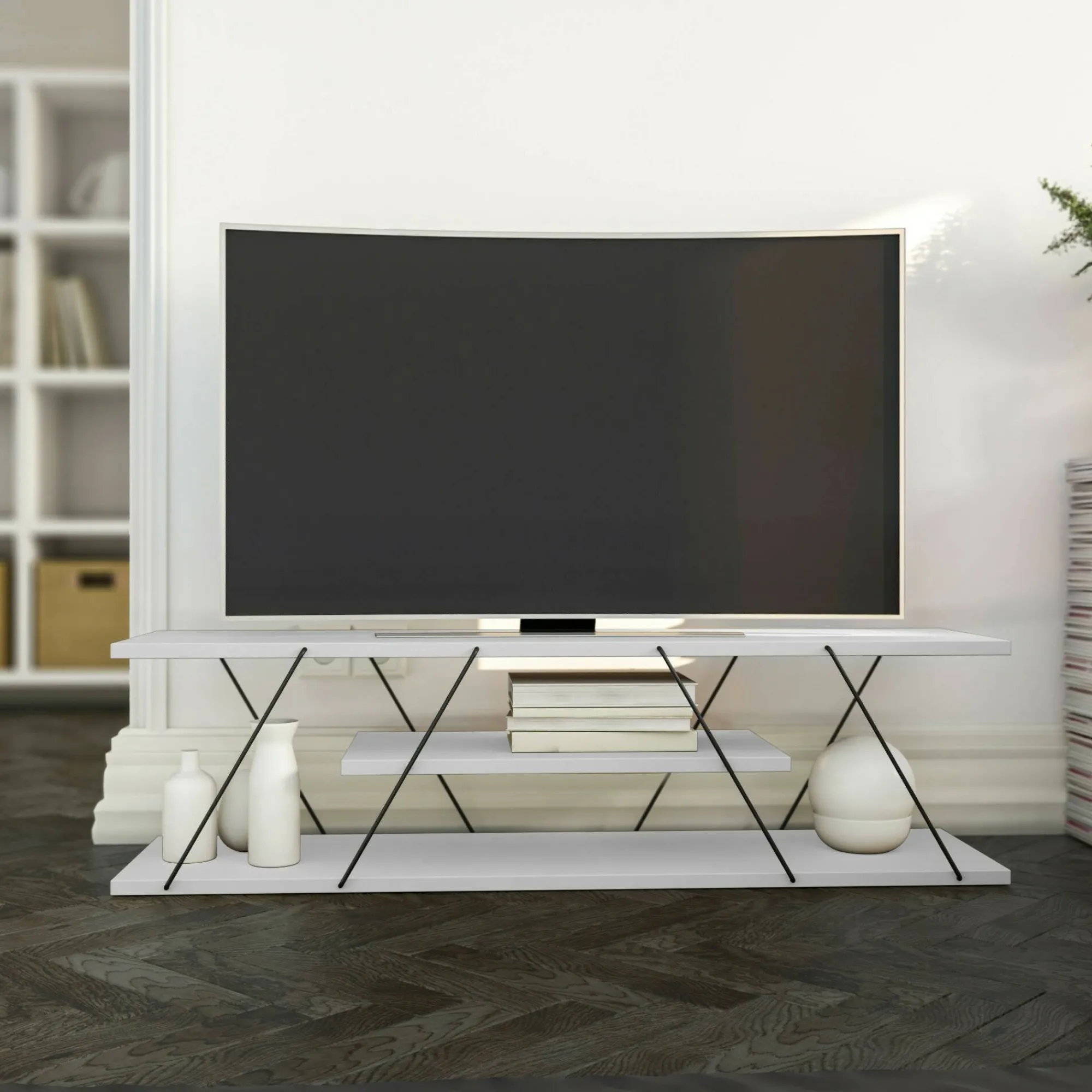 Mobile porta TV Desdemona, 120x30h33 cm, Bianco e Nero<Dmora Clearance