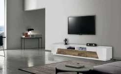 Mobile porta TV Dfagiol, cm 260x43h46, Bianco lucido e Acero<Dmora Cheap