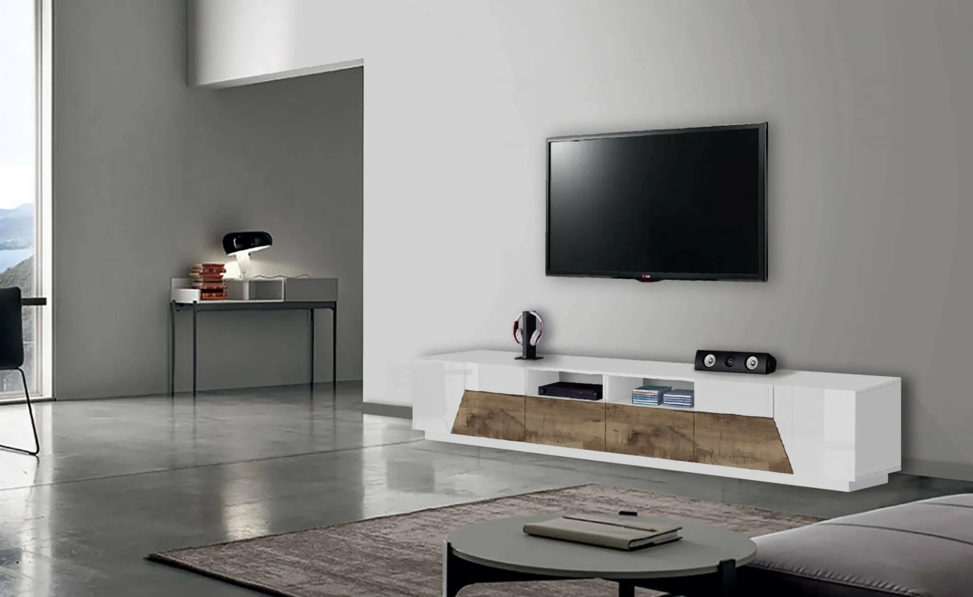 Mobile porta TV Dfagiol, cm 260x43h46, Bianco lucido e Acero<Dmora Cheap