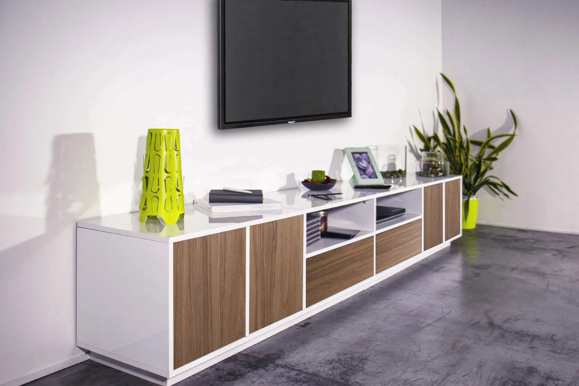 Mobile porta TV Dleott, cm 260x41h46, Bianco lucido e Noce<Dmora Clearance
