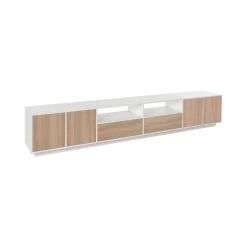 Mobile porta TV Dleott, cm 260x41h46, Bianco lucido e Noce<Dmora Clearance