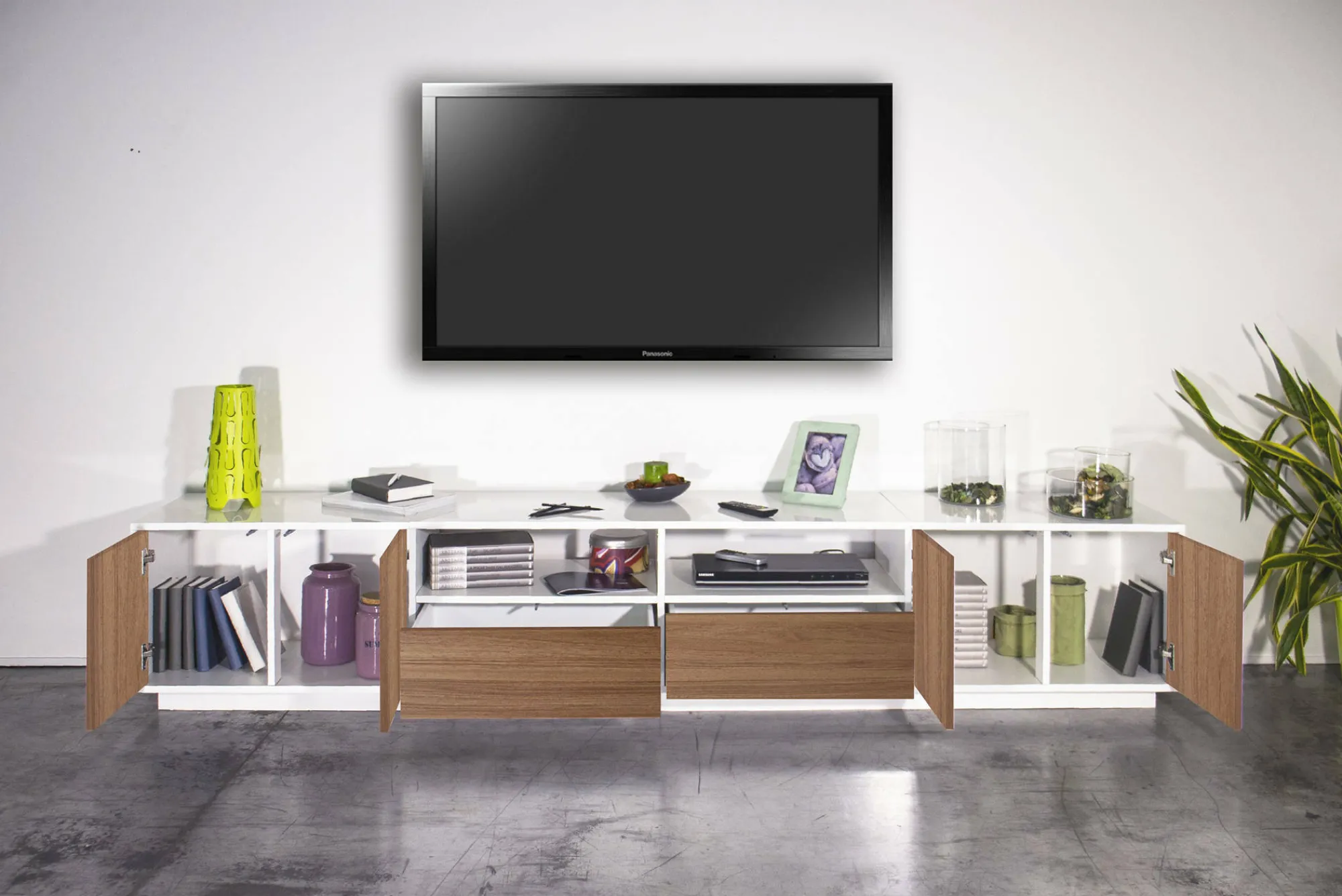 Mobile porta TV Dleott, cm 260x41h46, Bianco lucido e Noce<Dmora Clearance