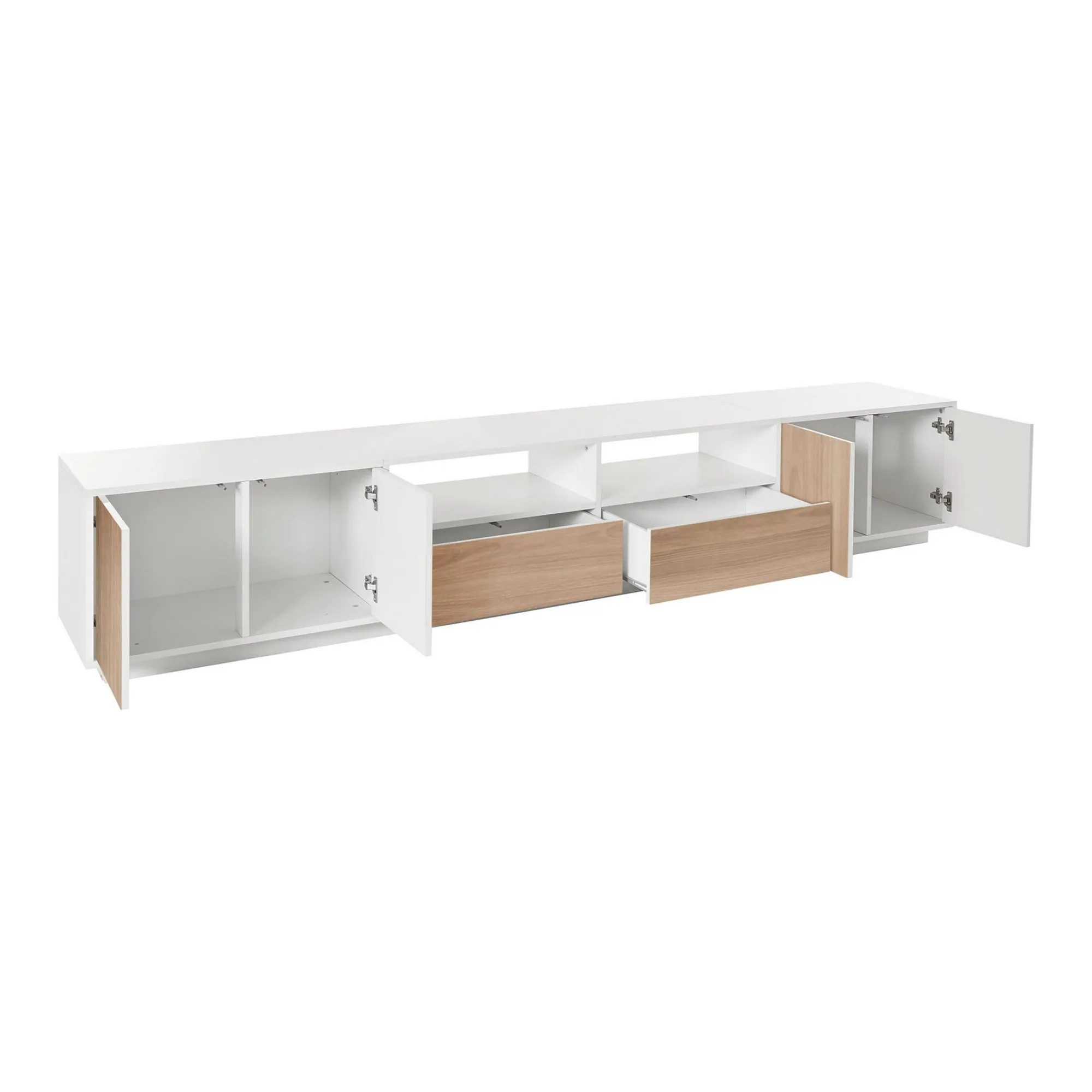 Mobile porta TV Dleott, cm 260x41h46, Bianco lucido e Noce<Dmora Clearance