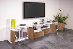 Mobile porta TV Dleott, cm 260x41h46, Bianco lucido e Noce<Dmora Clearance