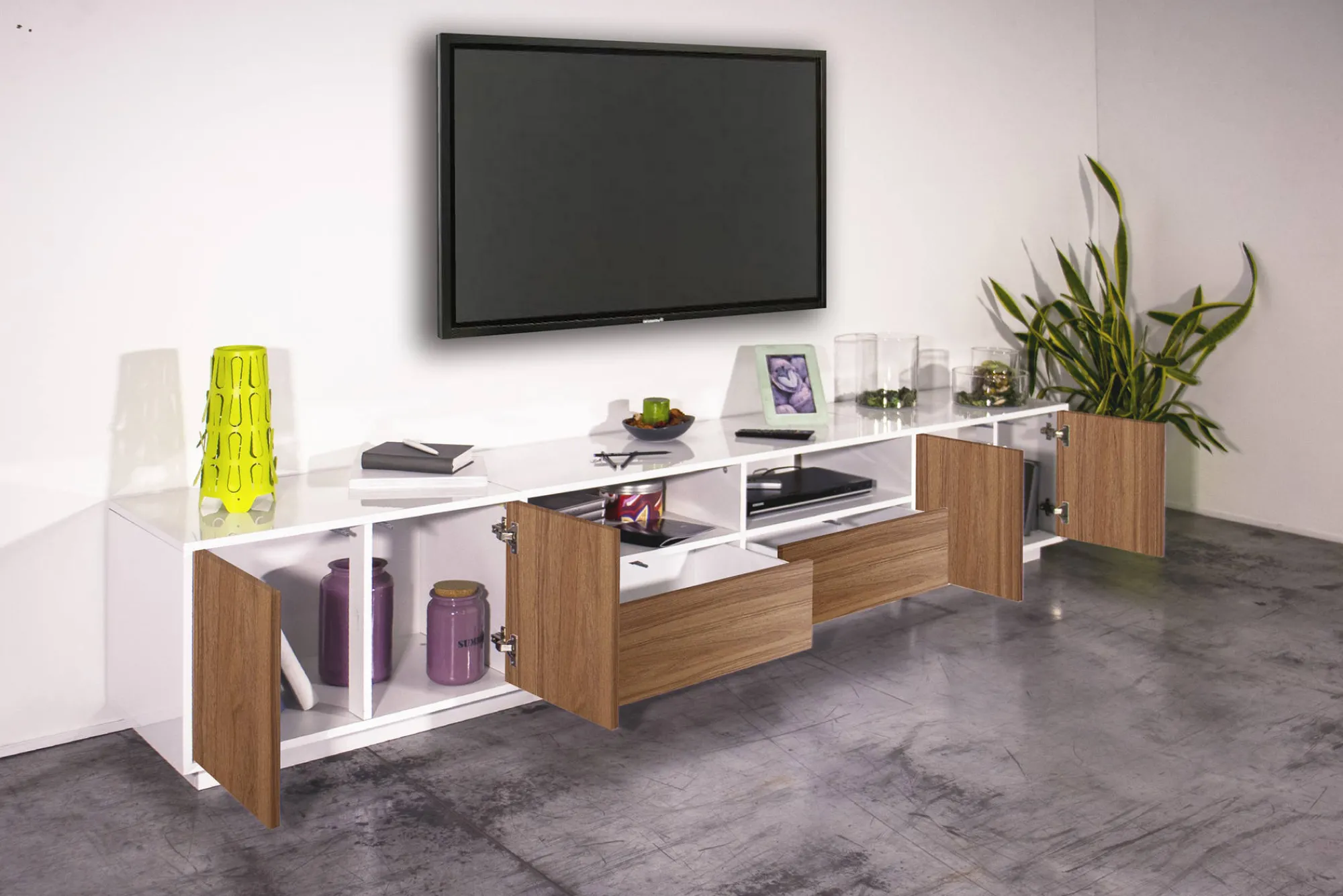 Mobile porta TV Dleott, cm 260x41h46, Bianco lucido e Noce<Dmora Clearance