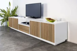 Mobile porta TV Dlepor, cm 220x41h46, Bianco lucido e Noce<Dmora Cheap