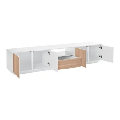 Mobile porta TV Dlepor, cm 220x41h46, Bianco lucido e Noce<Dmora Cheap
