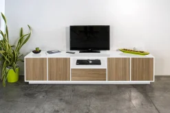 Mobile porta TV Dlepor, cm 220x41h46, Bianco lucido e Noce<Dmora Cheap