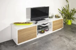 Mobile porta TV Dlongon, cm 180x41h46, Bianco lucido e Noce<Dmora Best