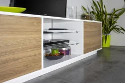 Mobile porta TV Dlongon, cm 180x41h46, Bianco lucido e Noce<Dmora Best
